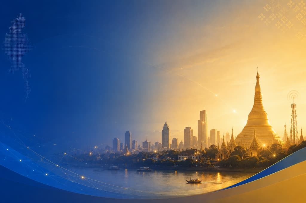 Myanmar Golden Shwedagon Pagoda and Yangon skyline at sunset